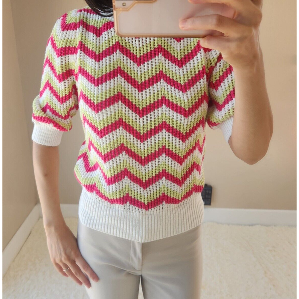 NWOT White + Warren Crotchet Half Sleeve Sweater Size S Strip Red White #C2421